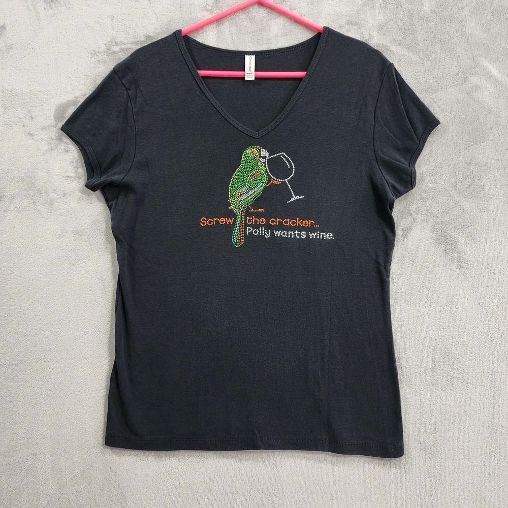 Chris's Stuff Shirt Womens XL Black V-Neck Polly Wants Wine Parrot Rhinestone